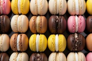 muchos diferente de colores macarons son arreglado en un fila generativo ai foto