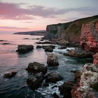 rocky cliffs at sunset with pink clouds in the sky generative ai photo