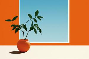 an orange vase with a plant in it generative ai photo