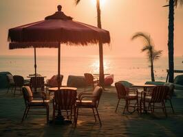 tables and chairs under umbrellas on the beach generative ai photo