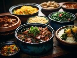 many different types of food in bowls on a table generative ai photo