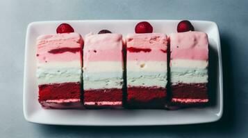 four slices of ice cream cake on a white plate generative ai photo