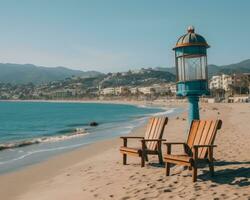 two wooden chairs sit on the beach next to a lamp post generative ai photo