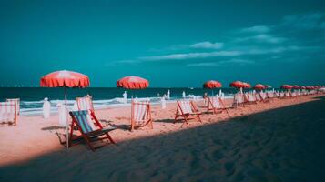 beach chairs and umbrellas on the sand generative ai photo