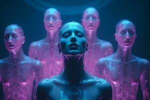 an image of a woman surrounded by a group of robots generative ai photo