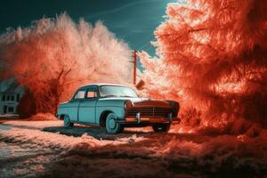 an old car is parked in front of some trees generative ai photo