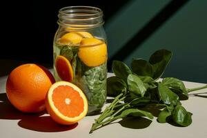 an orange spinach and water in a jar on a table generative ai photo