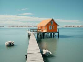 an orange house sits on a dock in the middle of a lake generative ai photo