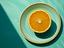 an orange slice on a plate on a turquoise background generative ai photo