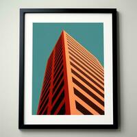 an orange skyscraper in a black frame on a white wall generative ai photo