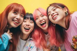 four asian women laughing together in front of a yellow background generative ai photo