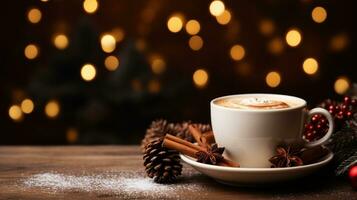 Cup of coffee at Christmas photorealistic copy space. Generative AI photo