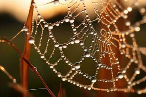 Close up Sunrise backlit dew drops clinging to a delicate spider web. Generative AI photo