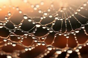 Close up Sunrise backlit dew drops clinging to a delicate spider web. Generative AI photo