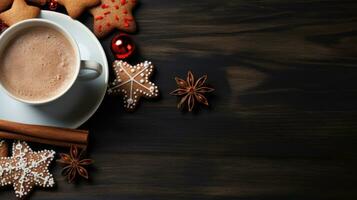 Cup of coffee at Christmas photorealistic copy space. Generative AI photo