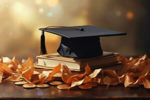 A graduation cap sits on top of a stack of book. Generative AI. photo