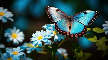 close up High-resolution image of Blue Morpho on white daisy flower. Generative AI photo