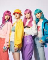 four young women with colorful hair posing for a photo generative ai