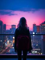 a woman with a backpack standing in front of a city at sunset generative ai photo
