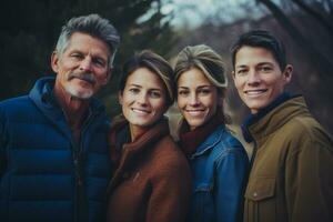 Tres adultos y dos niños actitud para un familia retrato generativo ai foto