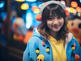 un niña en un azul chaqueta y amarillo camisa posando para el cámara generativo ai foto