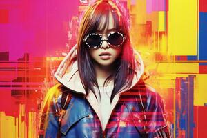 a woman wearing sunglasses and a jacket in front of a colorful background generative ai photo