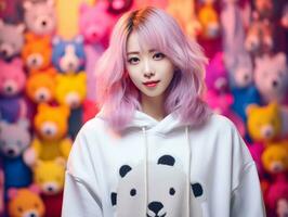 a girl with pink hair standing in front of a wall of teddy bears generative ai photo