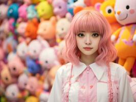 un niña con rosado pelo en pie en frente de un pared de relleno animales generativo ai foto