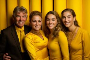 Tres mujer y un más viejo hombre son posando para un foto en frente de un amarillo pared generativo ai