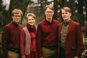 three men and a woman are posing for a photo in front of trees generative ai