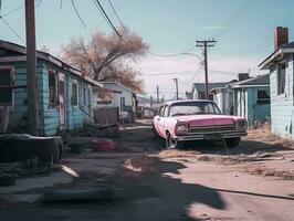 an old pink car is parked in front of a row of houses generative ai photo