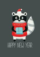 New year postcard with cute raccoon in red hat and sweater holds gift box vector