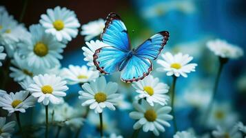 close up High-resolution image of Blue Morpho on white daisy flower. Generative AI photo