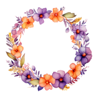 AI generated watercolor floral wreath with purple flowers and leaves on a transparent background png