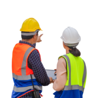 Female engineer and foreman worker checking project at building site, Engineer and builders in hardhats discussing on construction site, Teamwork concepts png