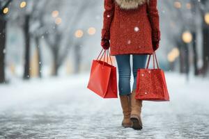 mujer en invierno vestir sostiene rojo compras bolsa. generativo ai foto
