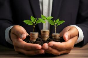 Man holding hip of coins with small green seedling growing from them. Generative AI photo