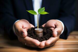 Man holding hip of coins with small green seedling growing from them. Generative AI photo