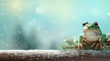 Frog perched on the top of a branch Christmas pastel background, copy space. Generative AI photo