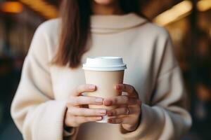 Cute young woman lifestyle holding a white plastic coffee cup. Generative AI photo