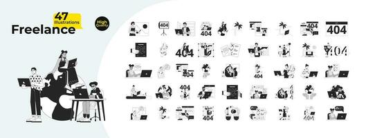 Freelance jobs work from home black and white 2D illustration concepts bundle. Diverse freelancers laptops cartoon outline characters isolated on white. 404 error monochrome vector art collection