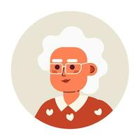 Eyeglasses grandmother relaxed smiling 2D vector avatar illustration. Posing eyeglasses retired woman cartoon character face. Positive headshot portrait flat color user profile image isolated on white