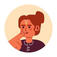 Maang tikka indian female stroking chin 2D vector avatar illustration. Stylish hindu woman thinking hard cartoon character face. Choice making gesture flat color user profile image isolated on white