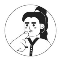 Braided ponytail caucasian girl stroking chin black and white 2D vector avatar illustration. Braid european woman thinking hard outline cartoon character face isolated. Choice making flat portrait