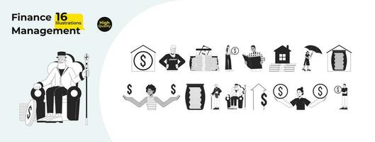 Activities financial black and white 2D illustration concepts bundle. Finance people diverse cartoon outline characters isolated on white. Saving money metaphor monochrome vector art collection