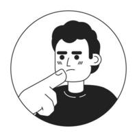 Spanish latin american male touching chin black and white 2D vector avatar illustration. Curly hair latino guy thoughts staring outline cartoon character face isolated. Making decision flat portrait