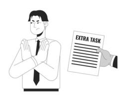 Rejecting extra task black and white 2D illustration concept. Gen z employee refuses assignment from boss cartoon outline characters isolated on white. No enthusiasm metaphor monochrome vector art