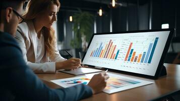 Business people meeting at office analyzing graph chart. Generative AI photo