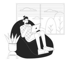 Using online streaming platform on tablet black and white cartoon flat illustration. Beanbag guy watching video headphones 2D lineart character isolated. Leisure monochrome scene vector outline image