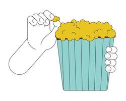 Eating popcorn linear cartoon character hand illustration. Holding bucket with popcorn outline 2D vector image, white background. Eating snacks at movie theater editable flat color clipart